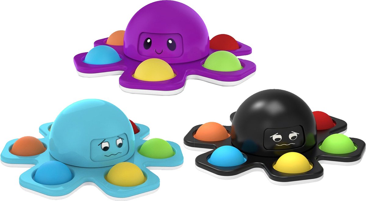 3 Pack -   Spinner met Pop Up Bubble - Face Changing Octopus - Anti Stress - Rage 2021/2022 - Zwart / Blauw / Paars