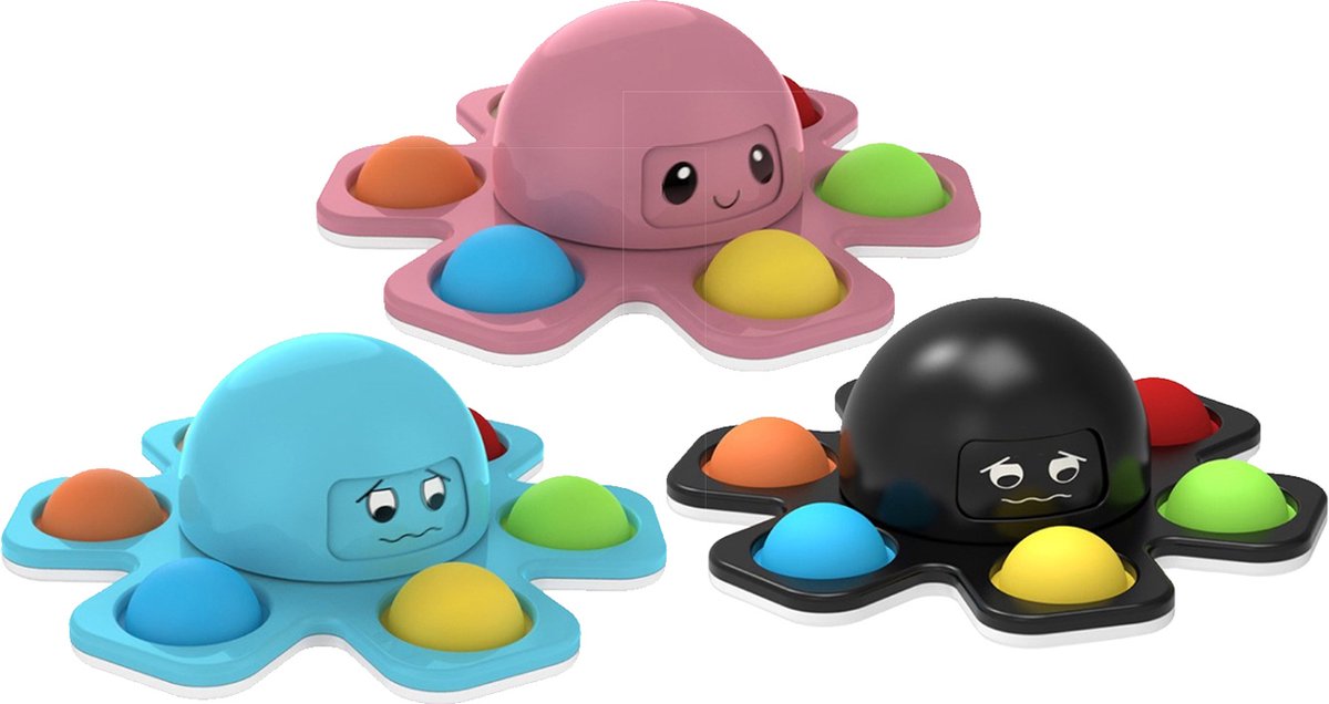 3 Pack -   Spinner met Pop Up Bubble - Face Changing Octopus - Anti Stress - Rage 2021/2022 - Zwart / Roze / Blauw