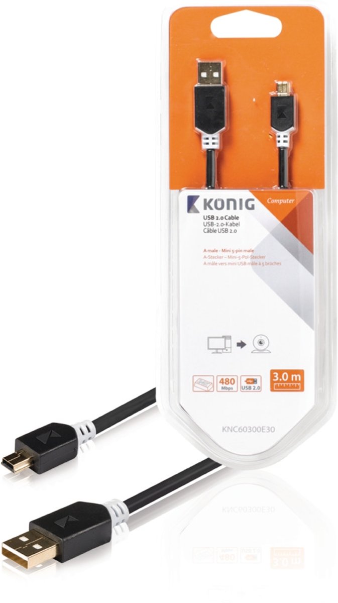 König - König KNC60300E30 Usb 2.0 Kabel A Male - Mini 5-pins Male 3,00 M Grijs - Altijd Garantie