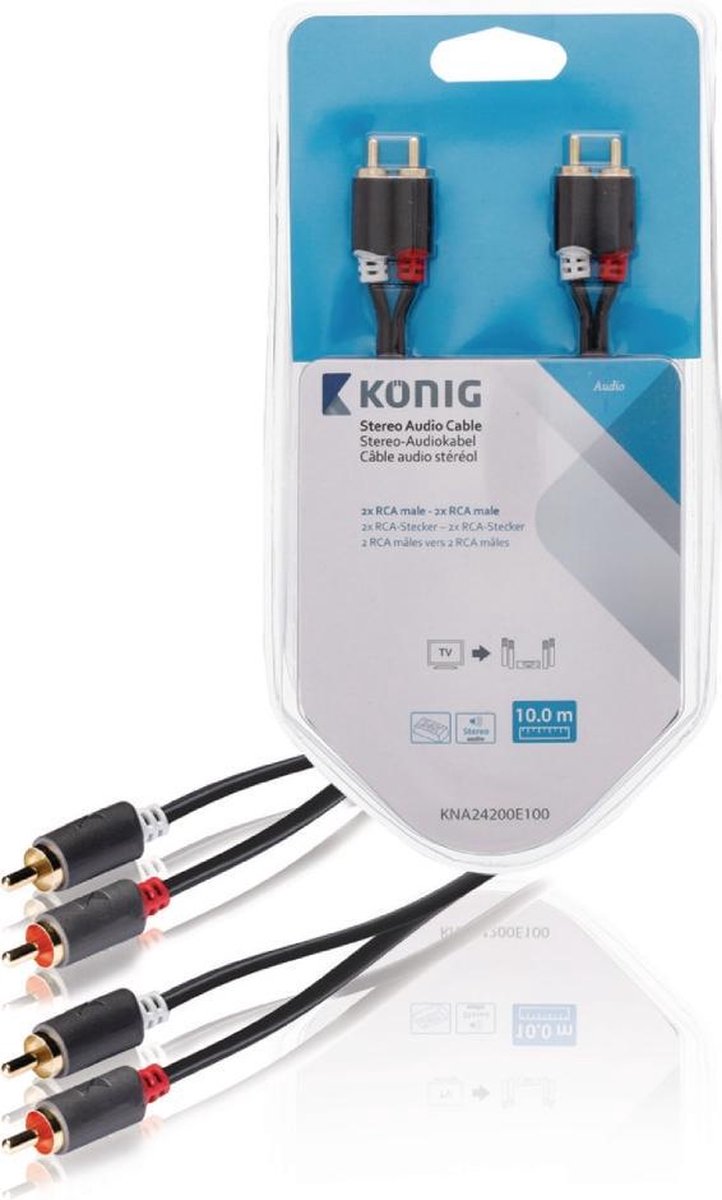 König KNA24200E100 Stereo Audiokabel 2x Rca Male - 2x Male 10,0 M Grijs