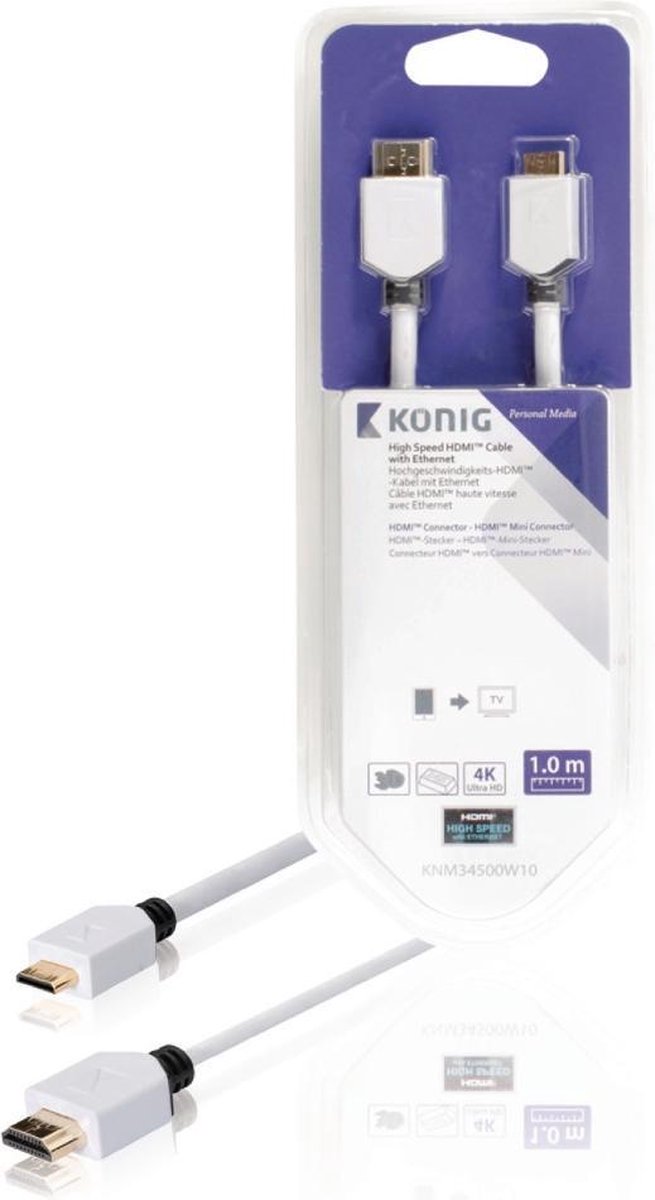 König KNM34500W10 High Speed Hdmi Kabel met Ethernet Hdmi Connector - Hdmi Mini-connector 1,00 M Wit