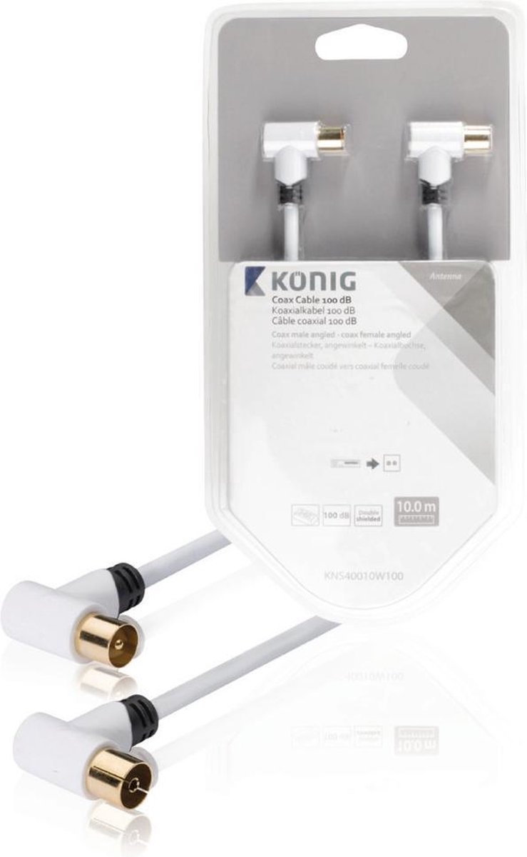 König KNS40010W100 Coax Kabel 100 Db Coax Male Haaks - Female Haaks 10,0 M Wit