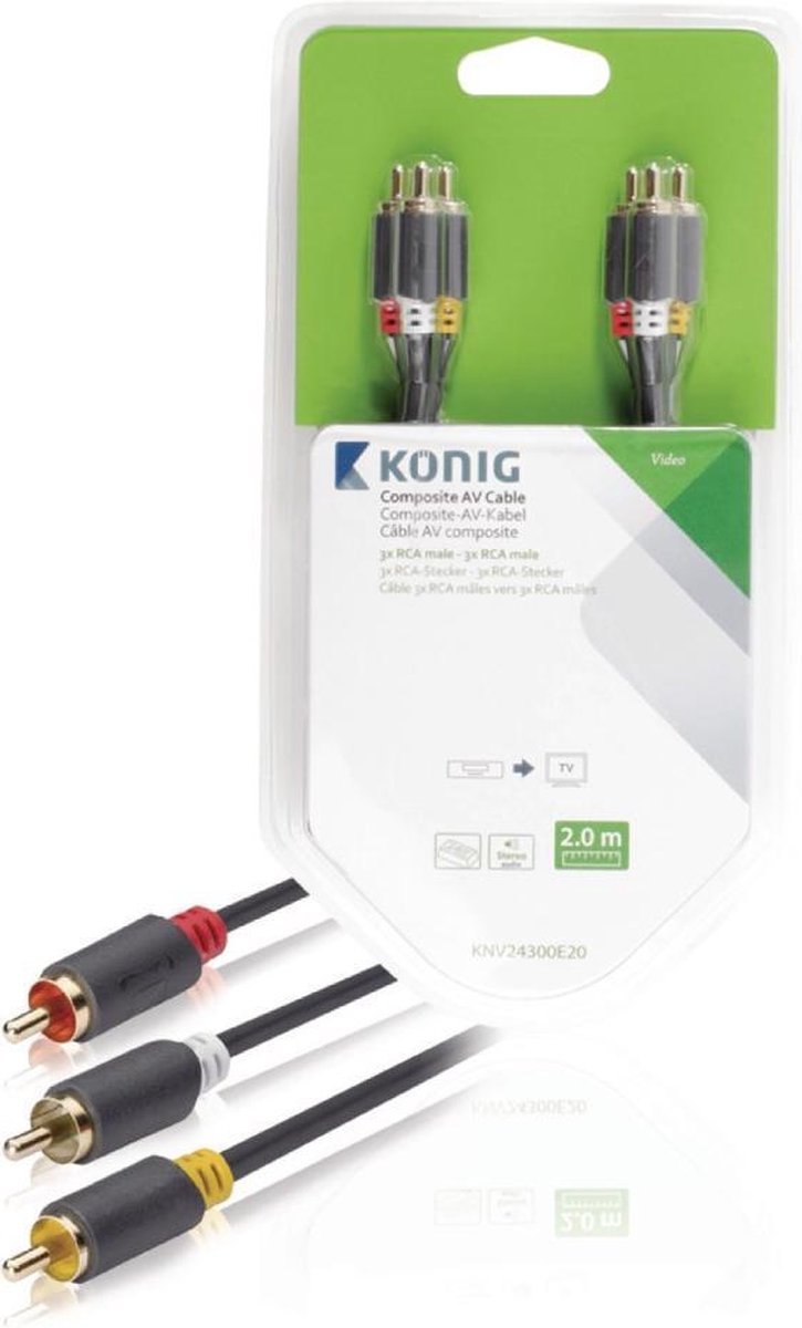 König KNV24300E20 Composiet Av Kabel 3x Rca Male - 3x Rca Male 2,00 M Grijs