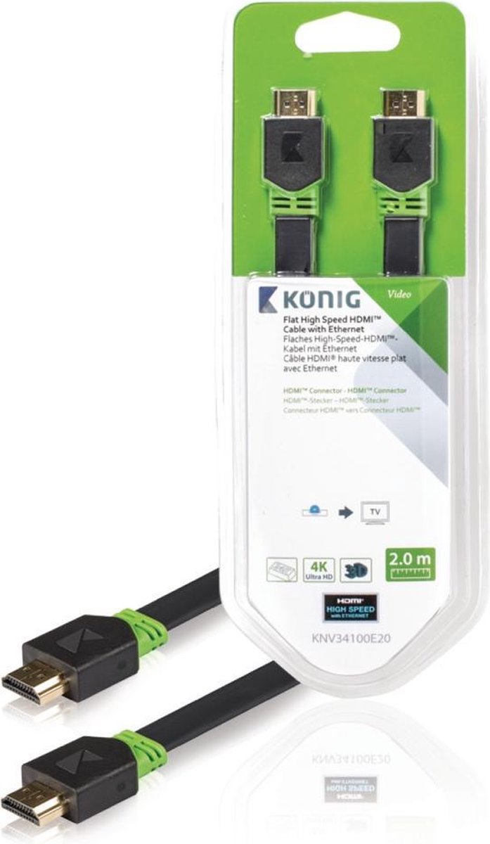 König KNV34100E20 Platte High Speed Hdmi Kabel met Ethernet Hdmi Connector - Hdmi Connector 2,00 M Grijs