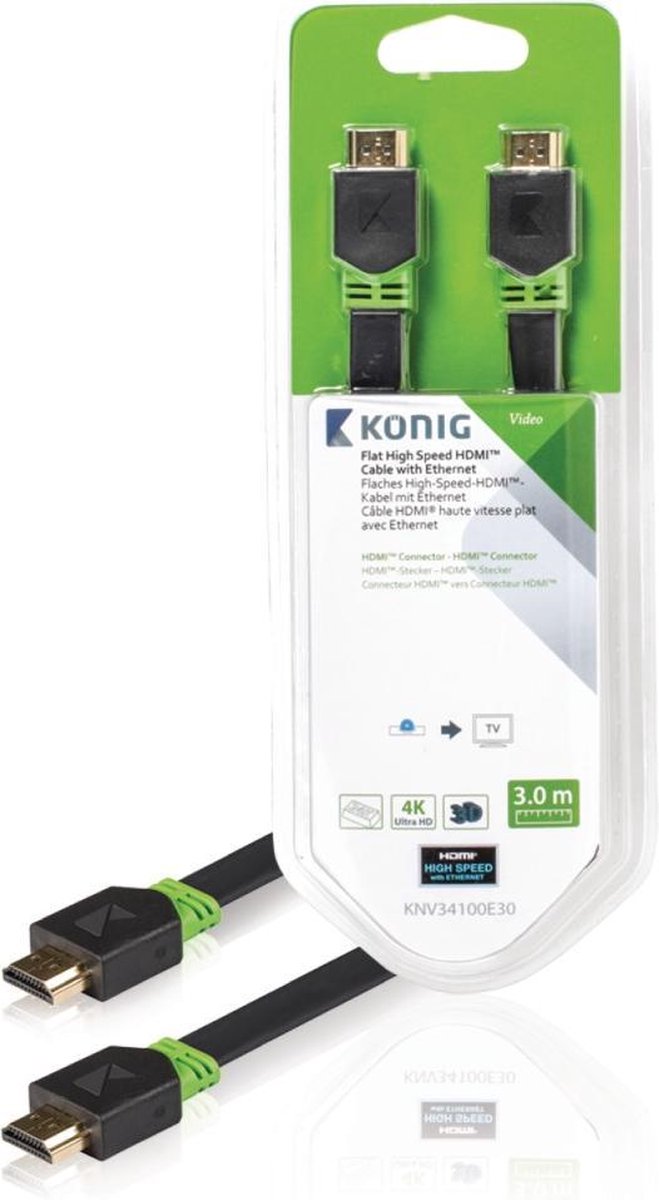 König KNV34100E30 Platte High Speed Hdmi Kabel met Ethernet Hdmi Connector - Hdmi Connector 3,00 M Grijs