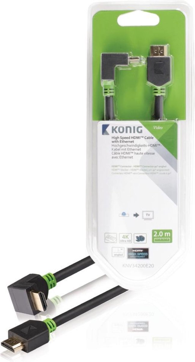 König KNV34200E20 High Speed Hdmi Kabel met Ethernet Hdmi Connector - Hdmi Connector 90? Haaks 2,00 M Grijs