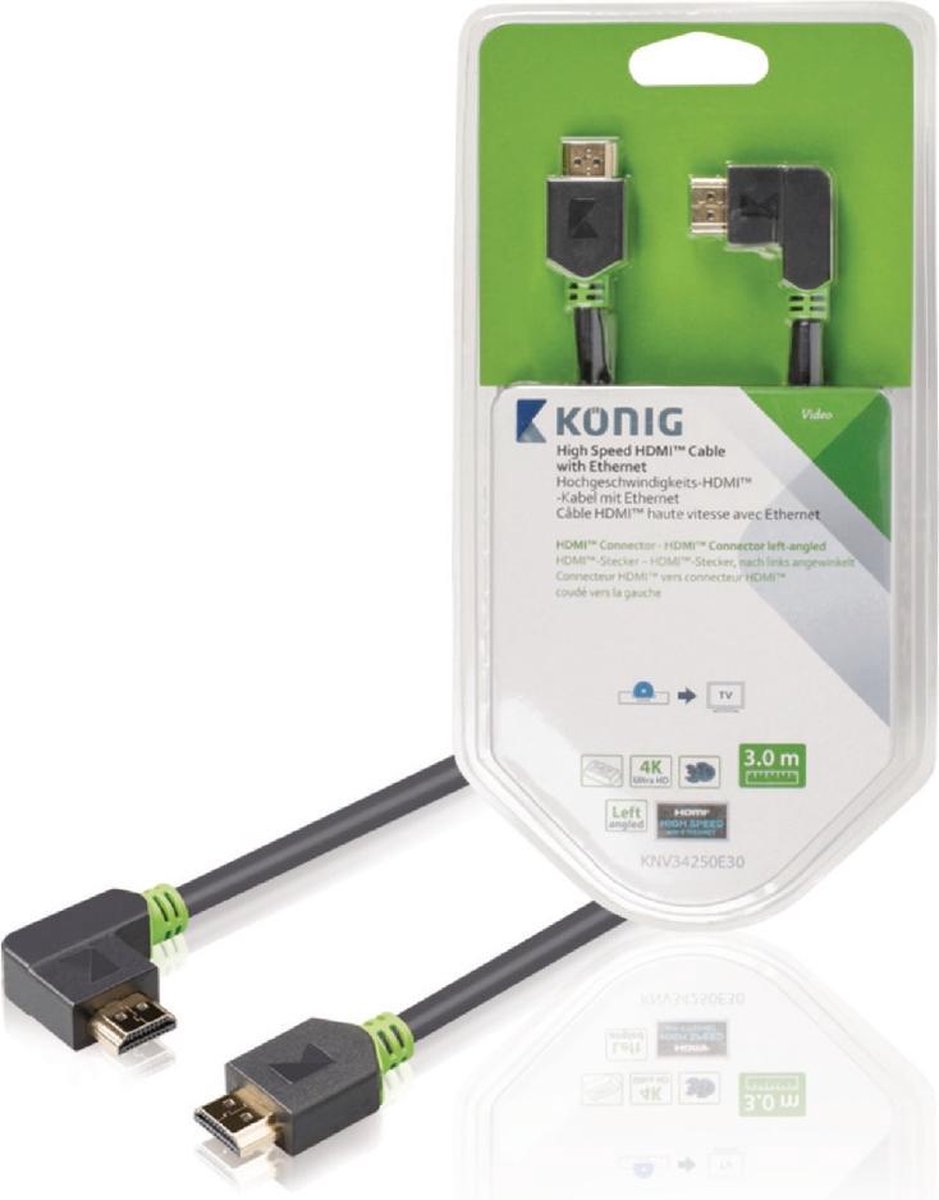 König KNV34250E30 High Speed Hdmi Kabel met Ethernet Hdmi Connector - Hdmi Connector Links Gehoekt 3,00 M Grijs