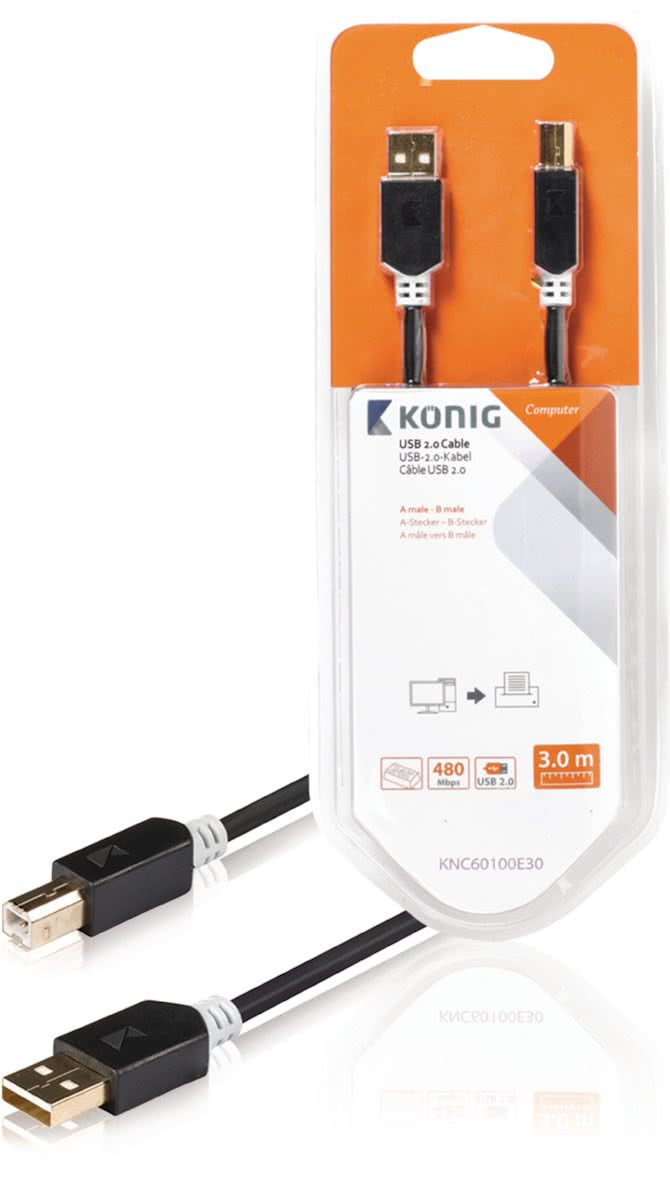 Konig USB 2.0 A Male naar USB 2.0 B Male - 3 m