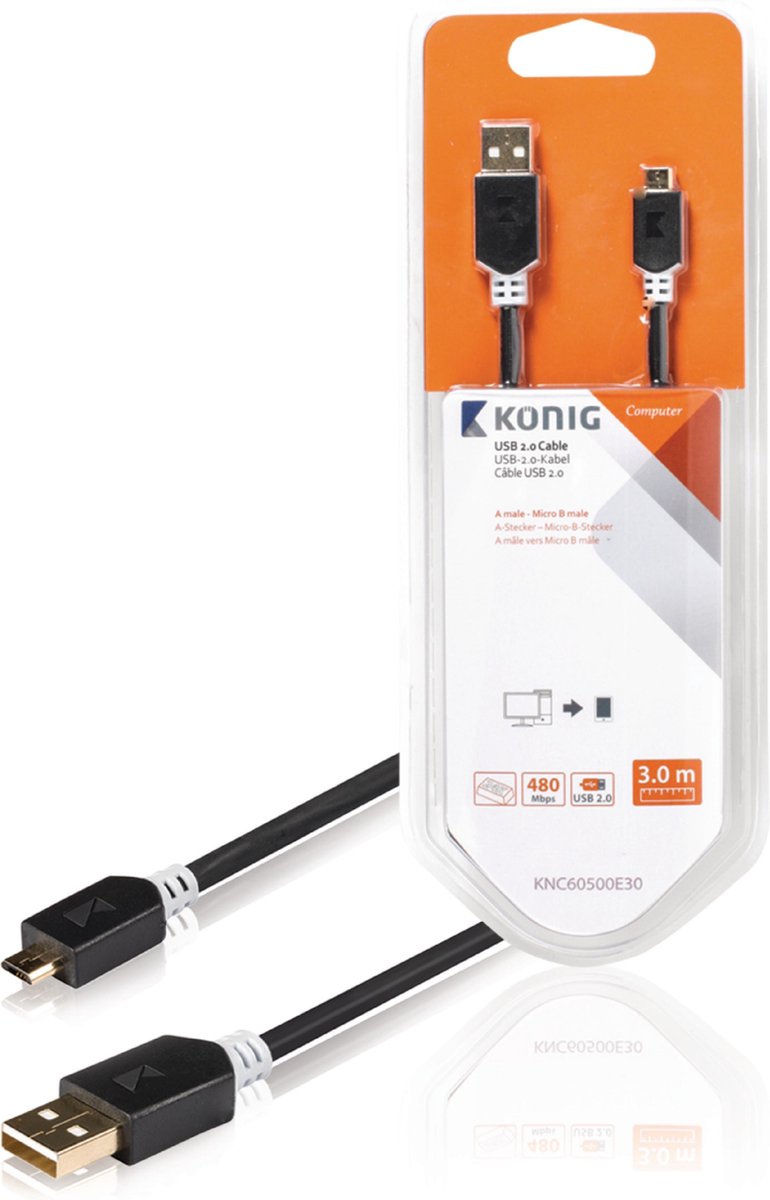 Konig USB 2.0 A Male naar USB 2.0 Micro Male - 3 m