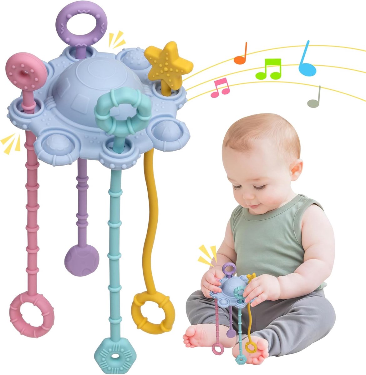 Kraftverdia - Baby Speelgoed - Montessori-speelgoed - Sensorisch Speelgoed - Educatief Spel voor Babys - Bijtring Baby - Silicone Trekkoord Speelgoed voor Kleuter - Ophangbaar - Geschikt voor babys van 6 maanden tot 3 jaar