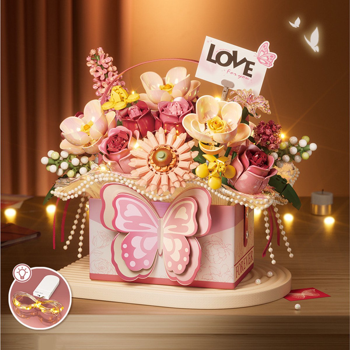 Kraftverdia - Mini Boeketbouwstenenset - Botanical Bloemen - Roze Rozenbouwstenen - Met bloemenmand - Prachtige lichtstrip - DIY creatieve knutseldecoratie - Niet geschikt voor LEGO - Het beste cadeau voor je geliefden