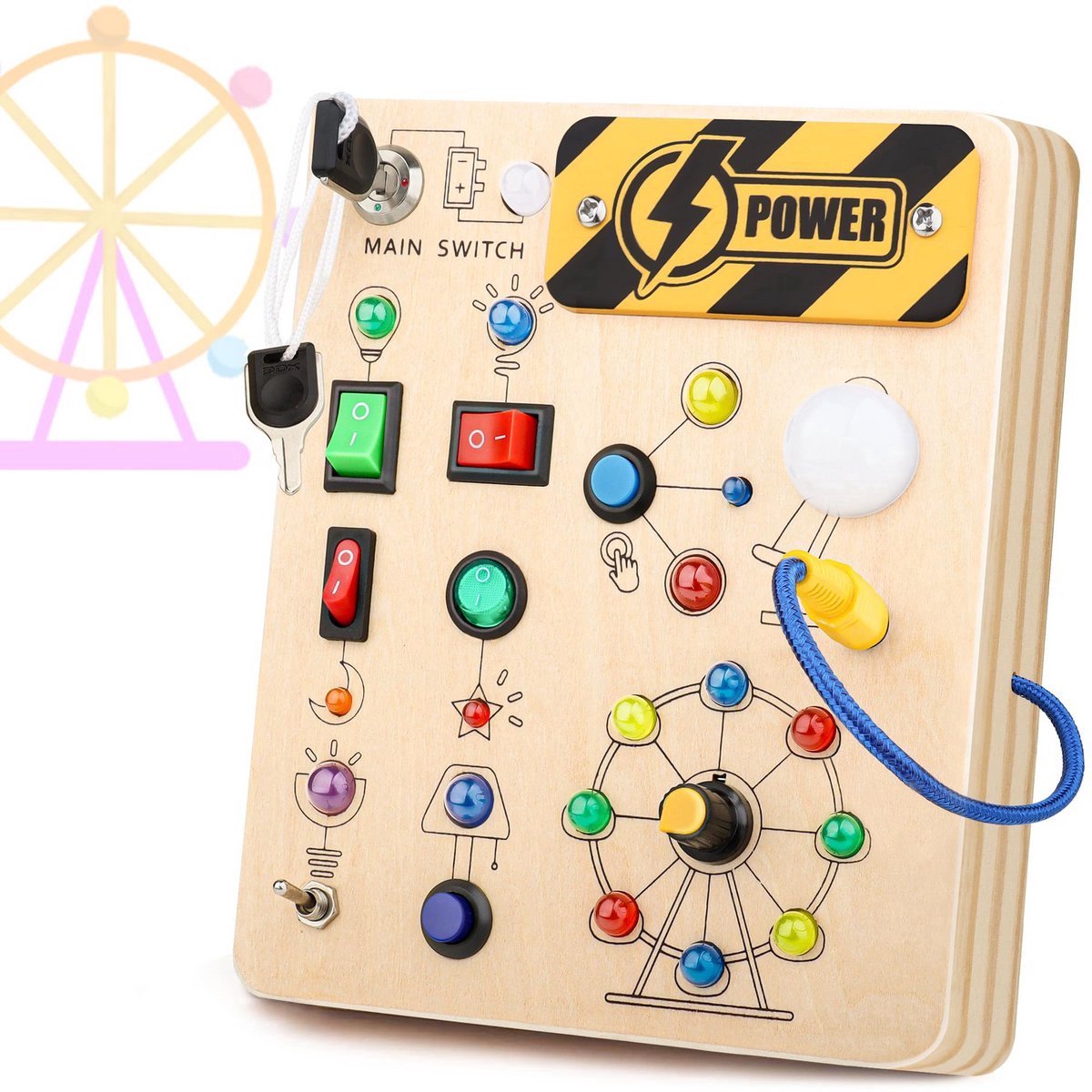 Kraftverdia - Montessori speelgoed -Houten speelgoed -Speelgoed nog leuker dan LEGO - Montessori Activiteitenbord - Montessori Busy Board for Toddlers 1-4 - Sensory LED Light Switch Busy Board Toy, - Educatief Speelgoed 1-4 jaar