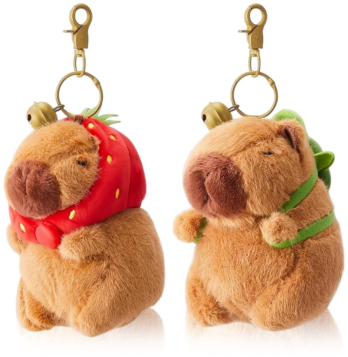 Kraftverdia® - Capybara sleutelhangers - Capybara knuffel - 2 stuks - Schildpad Tas - Aardbeien Capuchon - Pluche Dierenhanger - Cadeau-uitwisseling voor Afstuderen & Verjaardagen