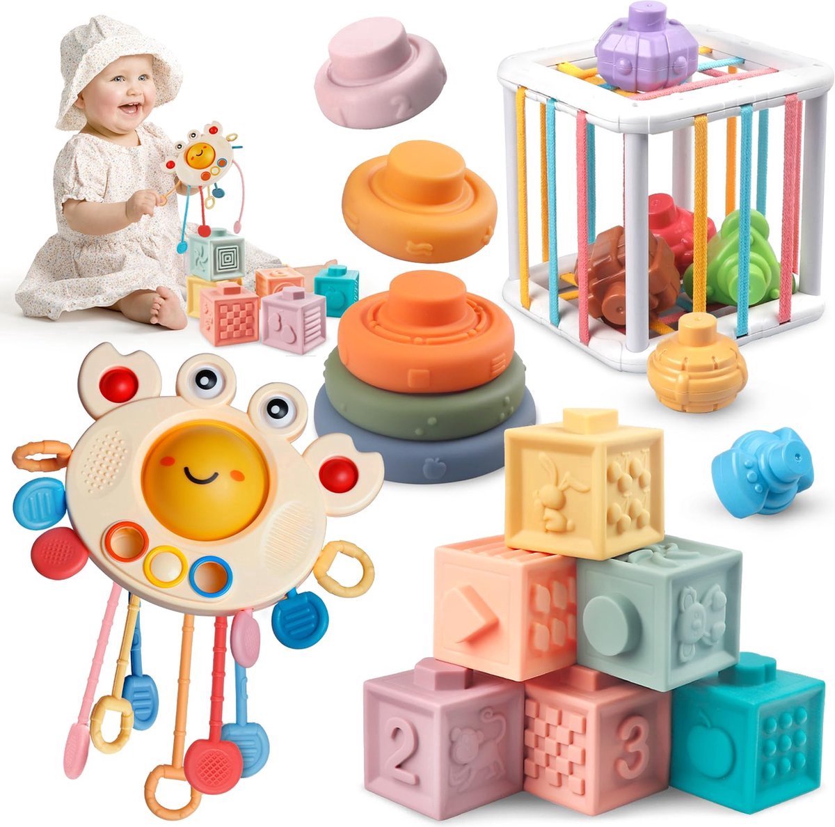 Kraftverdia® - Montessori speelgoed-Babyspeelgoed-Zintuiglijk speelgoed-Educatief speelgoed-Trekkoord, Stapelkubus, Stapelringen-Cadeaus voor babys