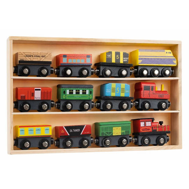 Houten speelgoed trein 12-delig in mooie organizer 33 x 20 x 3 cm