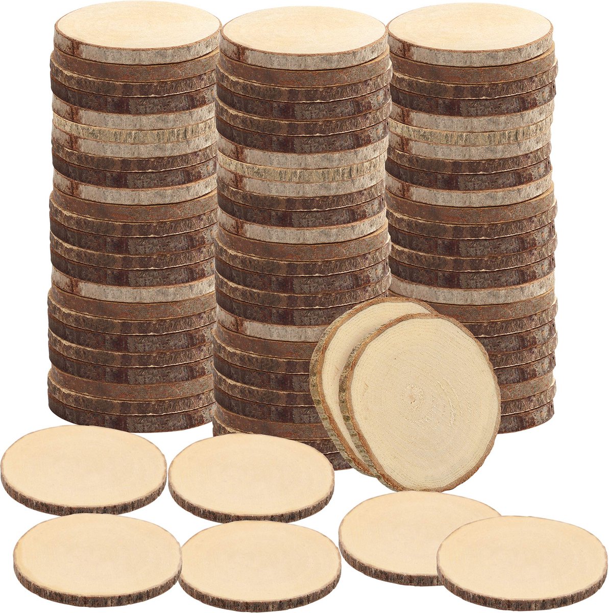 Kurtzy Natuurlijke Onafgewerkte Houten Schijven (100 Stuks) – 3 - 5 cm Diameter - Houten Blokcirkels met Schors en Zonder Gat - Voor DHZ-Kunst en Ambachten, Kerstversieringen en Huwelijksdecoraties