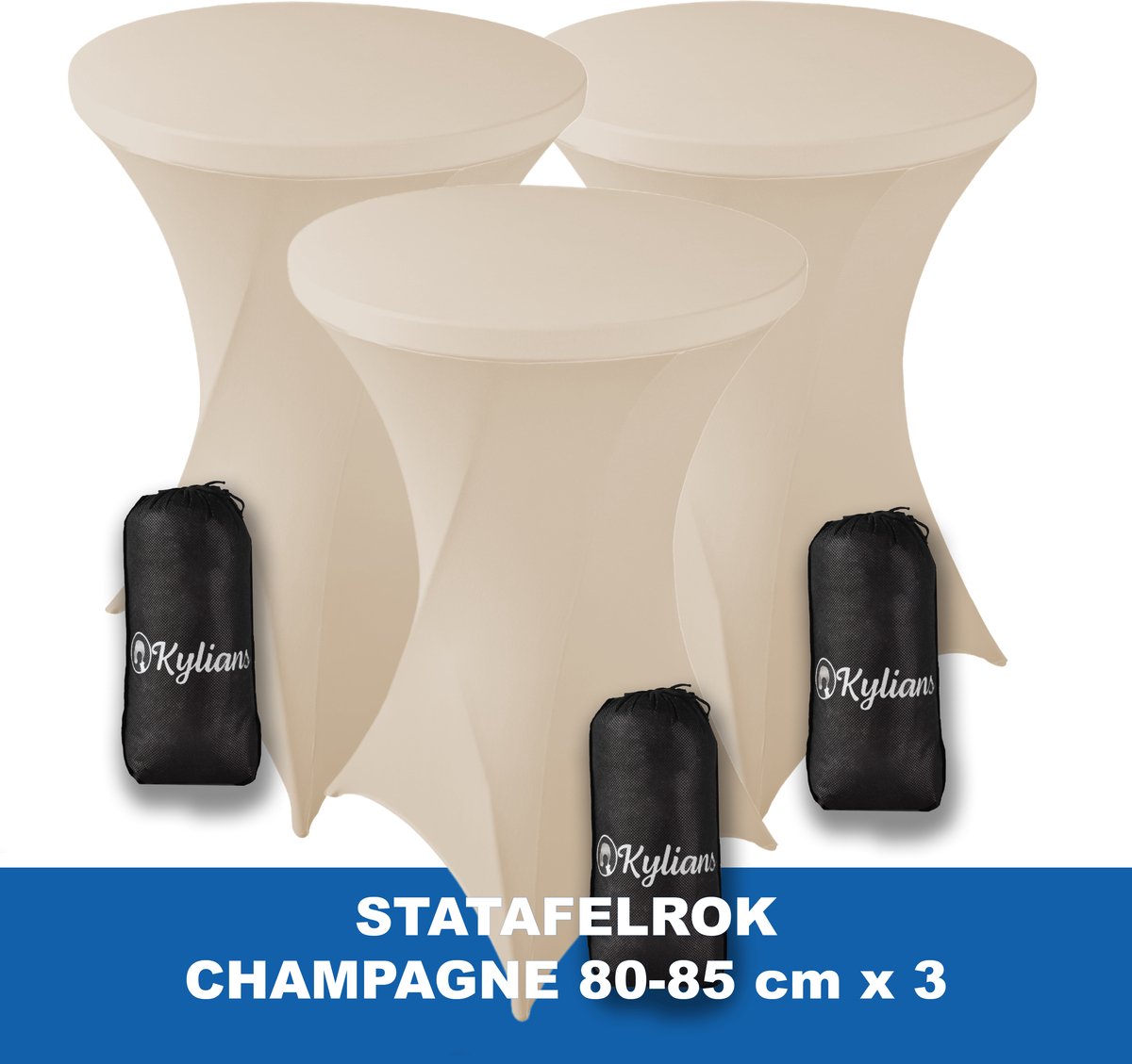 Statafelrok Champagne x 3 – 2 jaar garantie met Opbergtas - ∅ 80-85 x 110 cm - Statafelhoes - Luxe Extra Dikke Stretch Sta   voor Statafel – Kras- en Kreukvrije Hoes