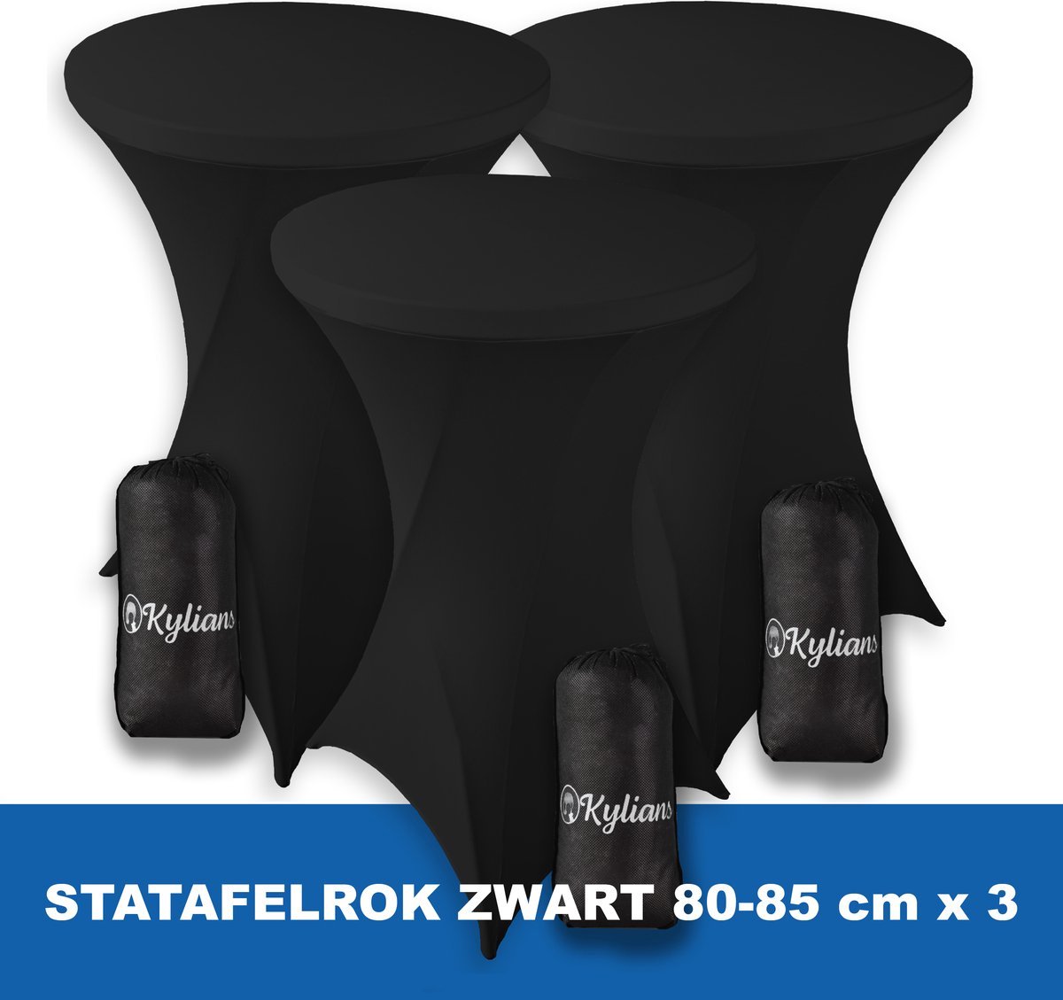 Statafelrok Zwart x 3 – 2 jaar Garantie met Opbergtas - ∅ 80-85 x 110 cm - Statafelhoes - Luxe Extra Dikke Stretch Sta   voor Statafel – Kras- en Kreukvrije Hoes -  