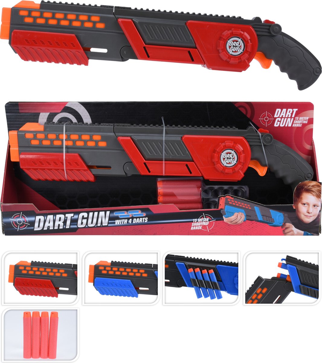 Dart Pistool met 4 pijlen - 475 mm Rood