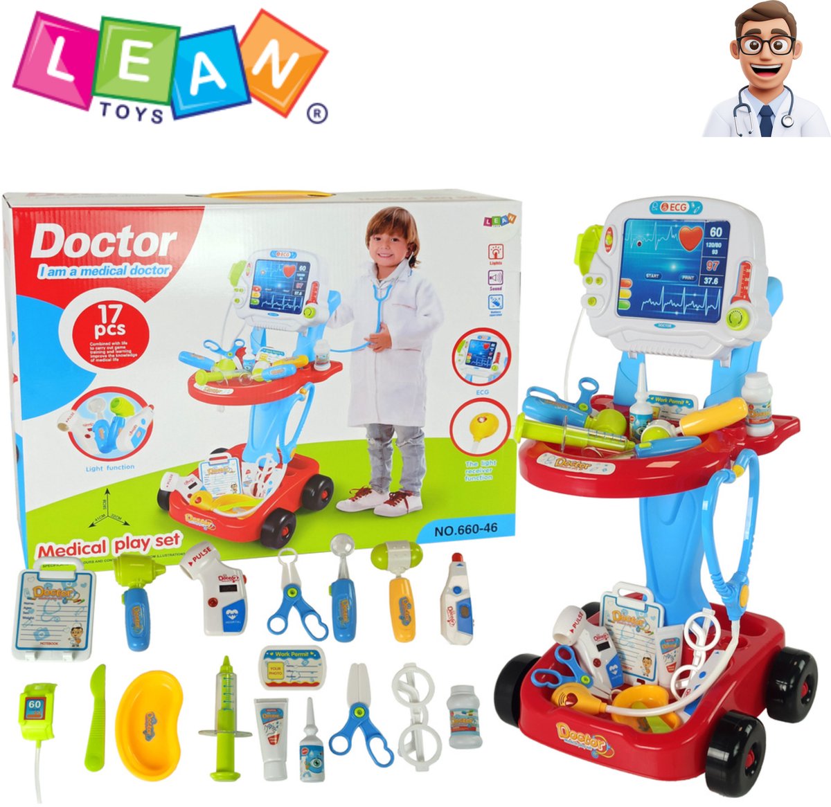 LEAN Toys 17-delige Kinder Dokterset Speelgoed – Dokterskar met Licht- & Geluidseffecten, Stethoscoop, EKG, Thermometer & Accessoires – Educatief Rollenspel +3 – Dokterset Speelgoed + E-Book