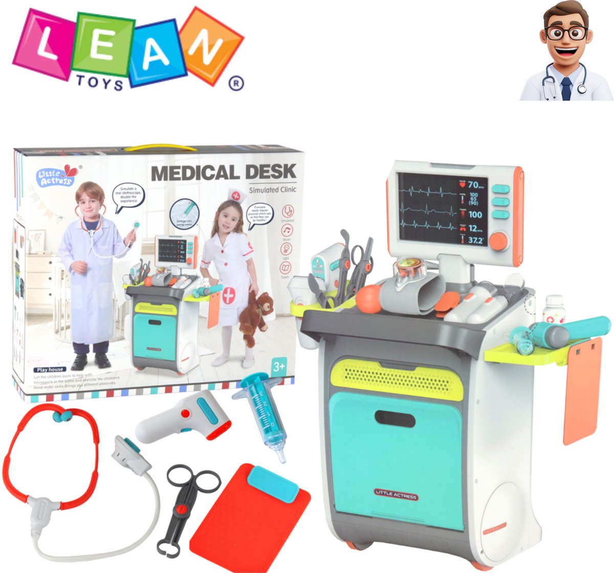 LEAN Toys 30-delige Kinder Dokterset Speelgoed – Interactieve Dokterskar met ECG & Röntgen, Licht- & Geluidseffecten, Hoogtemeter & Accessoires – Educatief Rollenspel +3 – Dokterset Speelgoed + E-Book