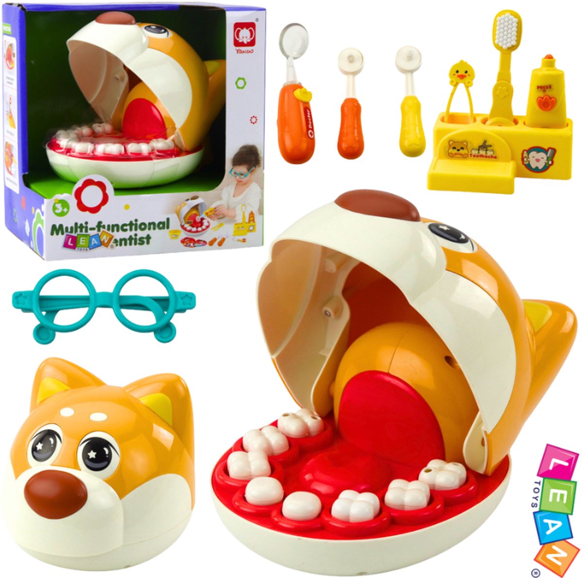 LEAN Toys Honden Tandarts – Educatieve Tandarts Speelset met 8 Verwijderbare Tanden, Lichtgevende Spiegel & Accessoires – Dokterset Speelgoed - Tandarts Speelgoed - Rollenspel voor Kinderen + Gratis E-Book