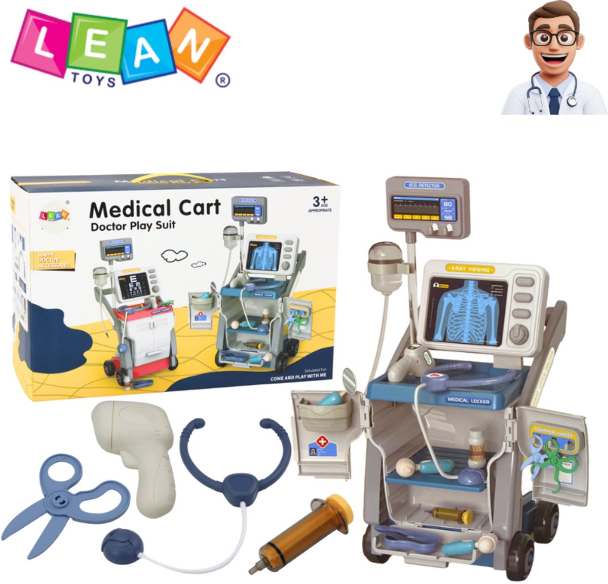 LEAN Toys – Little Doctor Set – Lichtblauw – Inclusief Werkende Stethoscoop, Spuit, Schaar & Medische Accessoires – Mobiele Dokterset op Wieltjes – Educatief Speelgoed Kinderen 3+ + Gratis E-book