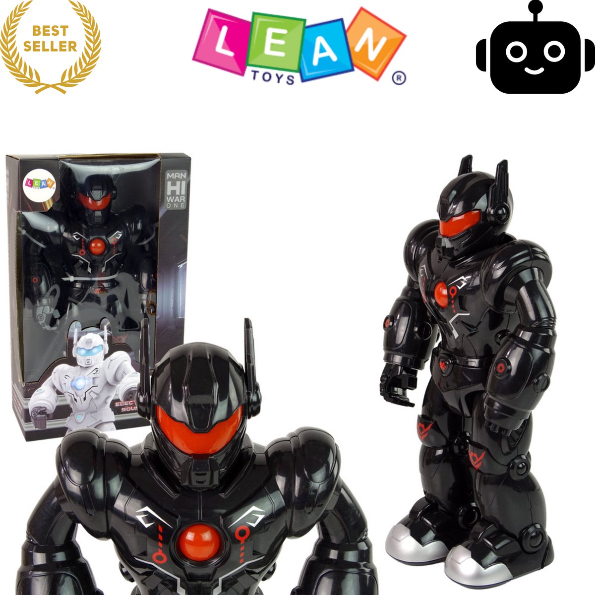 LEANTOYS - Robot - Interactieve Wandelende Robot met Licht en Geluid – Zwarte Elektronische   met Schietfunctie, LED-Ogen, Bewegend Lichaam, Realistische Geluidseffecten, Educatief Speelgoed Jongens en Meisjes 3+ Met Ebook