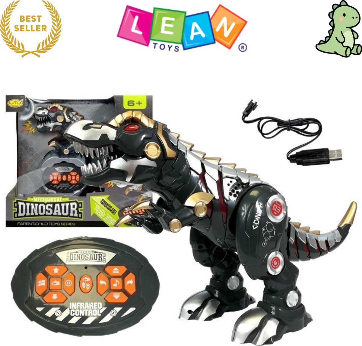 LEANTOYS Interactieve RC Dinosaurus met Afstandsbediening – Dinosaurus - Dinosaurus Speelgoed - Beweegbare Robotdino met Licht en Geluid, Oplaadbare Accu, Realistische Bewegingen en Geluiden, Educatief Speelgoed Jongens 6+ Met Ebook