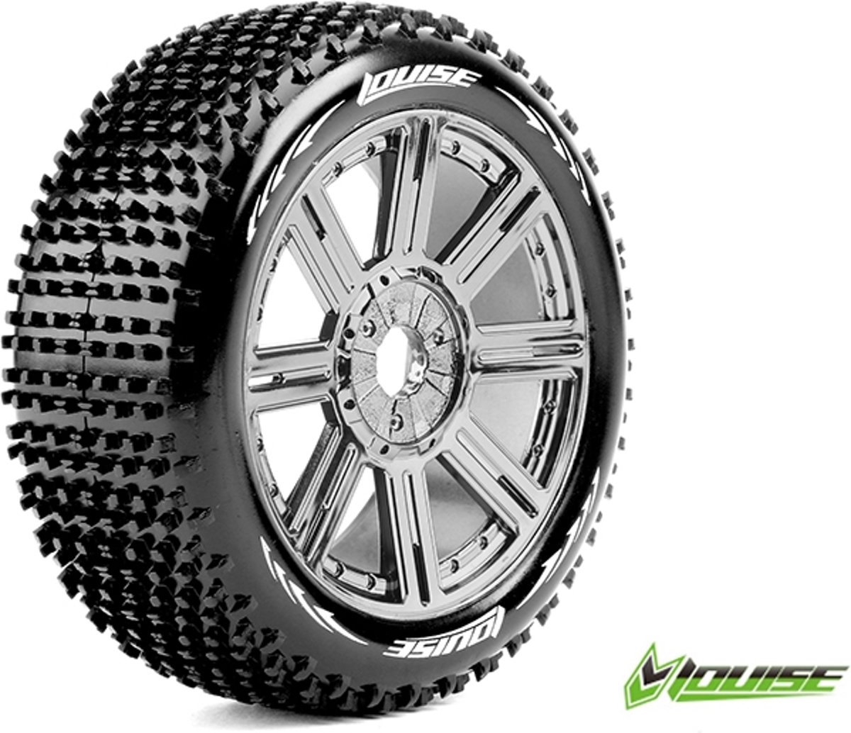 Louise RC - B-HORNET - 1-8 Buggy Banden Set - Verlijmd op velg - Soft - Spaakvelgen Zwart Chroom - Zeskant 17mm - 1 Paar