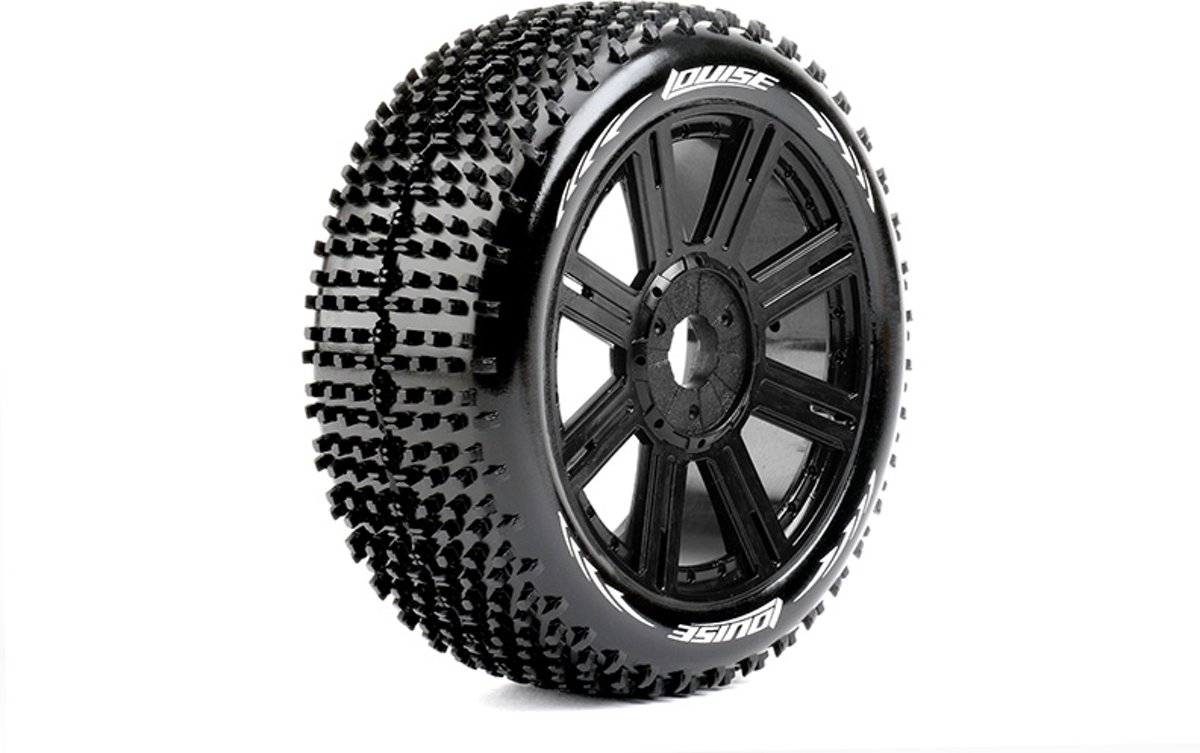 Louise RC - B-HORNET - 1-8 Buggy Banden Set - Verlijmd op velg - Super Soft - Spaakvelgen Zwart - Zeskant 17mm - 1 Paar