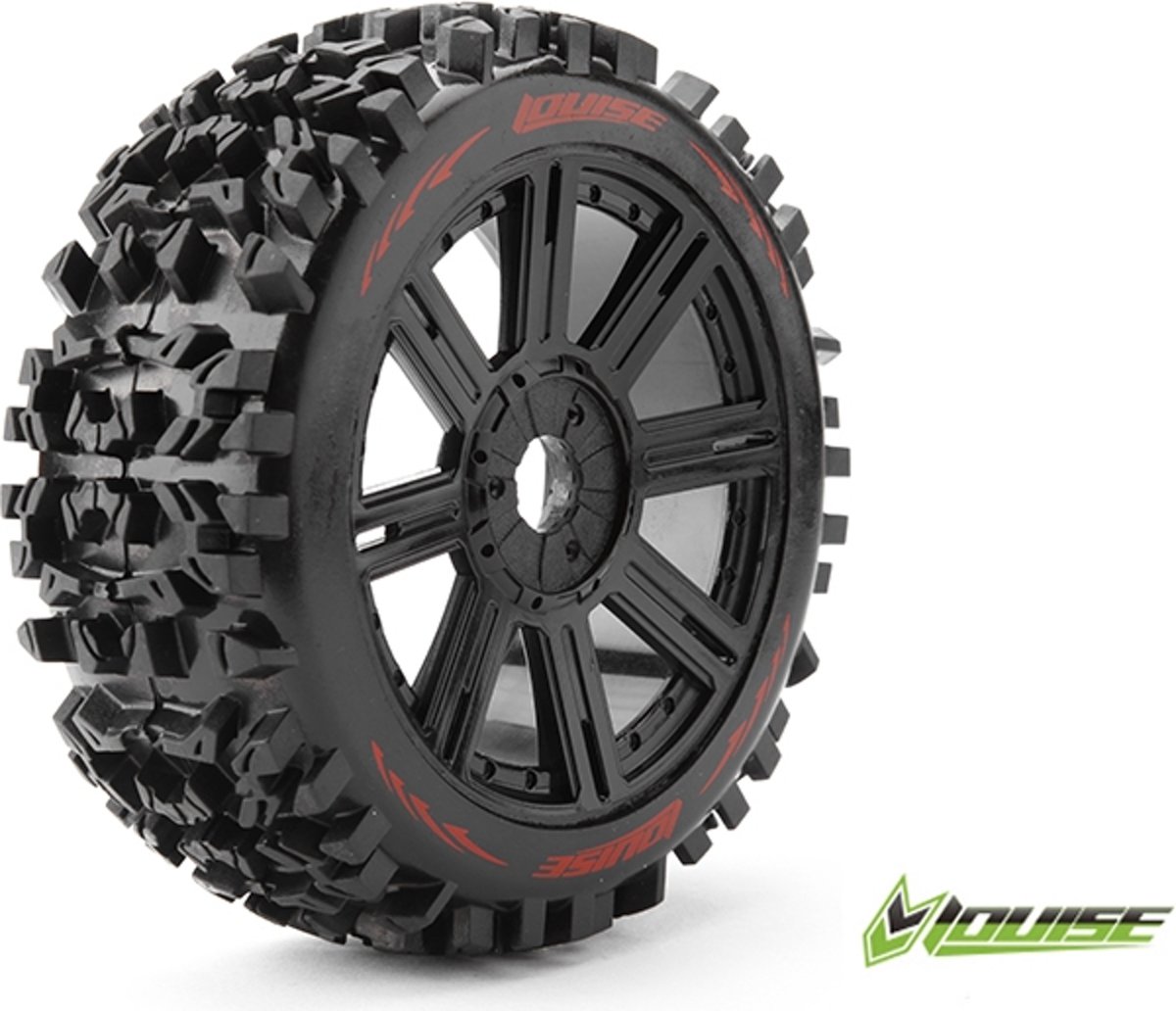 Louise RC - B-PIONEER - 1-8 Buggy Banden Set - Verlijmd op velg - Soft - Spaakvelgen Zwart - Zeskant 17mm - 1 Paar