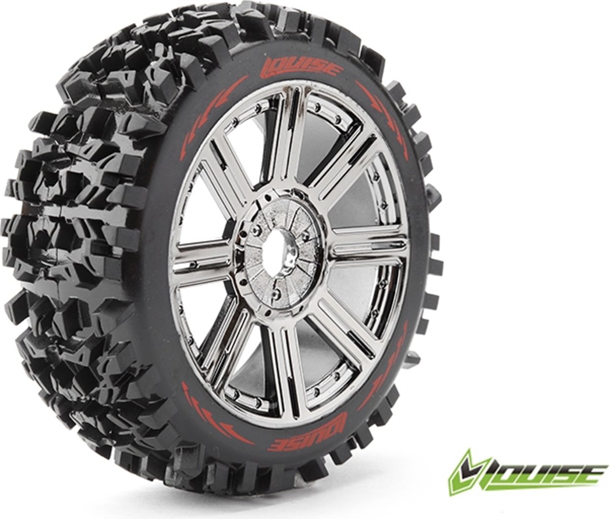 Louise RC - B-PIONEER - 1-8 Buggy Banden Set - Verlijmd op velg - Soft - Spaakvelgen Zwart Chroom - Zeskant 17mm - 1 Paar