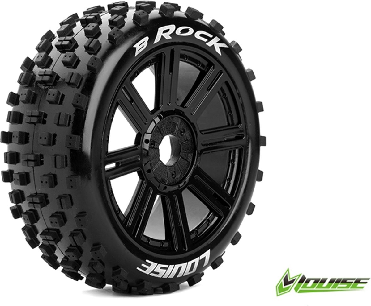 Louise RC - B-ROCK - 1-8 Buggy Banden Set - Verlijmd op velg - Soft - Spaakvelgen Zwart - Zeskant 17mm - 1 Paar