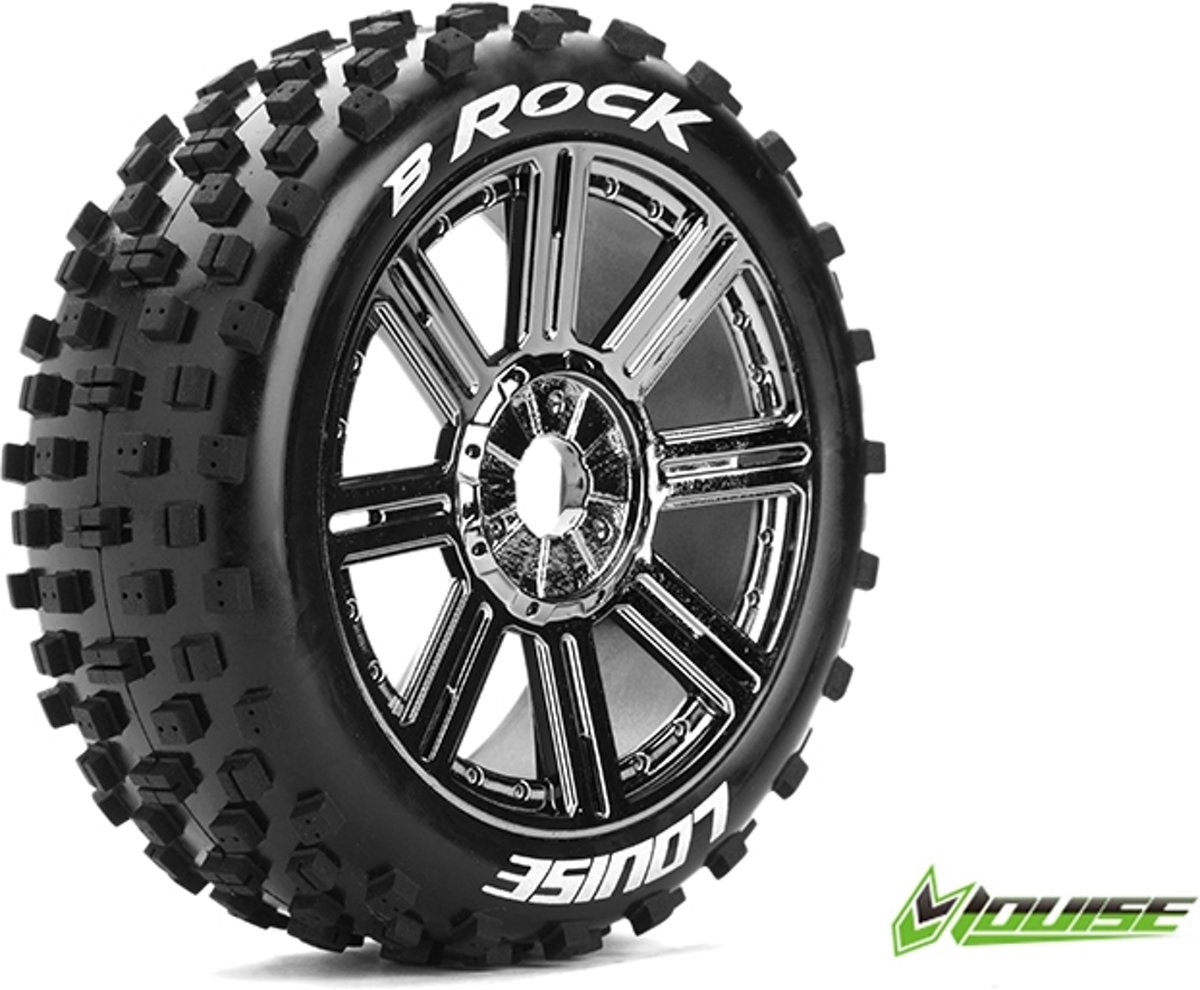 Louise RC - B-ROCK - 1-8 Buggy Banden Set - Verlijmd op velg - Soft - Spaakvelgen Zwart Chroom - Zeskant 17mm - 1 Paar