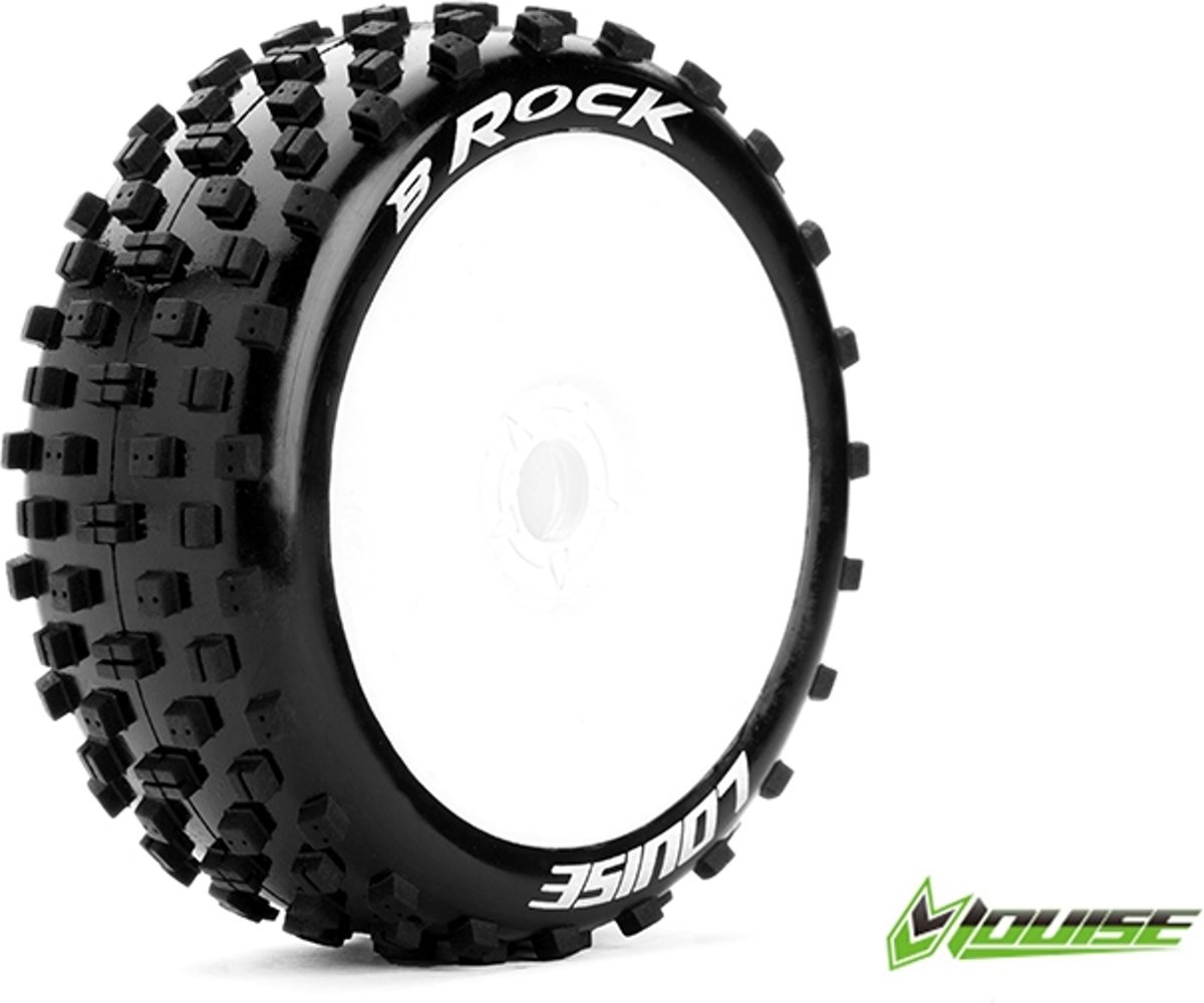 Louise RC - B-ROCK - 1-8 Buggy Banden Set - Verlijmd op velg - Soft - Velgen Wit - Zeskant 17mm - 1 Paar