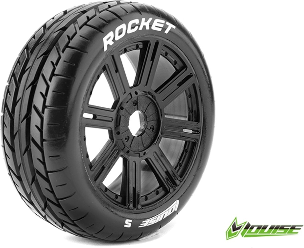 Louise RC - B-ROCKET - 1-8 Buggy Banden Set - Verlijmd op velg - Soft - Spaakvelgen Zwart - Zeskant 17mm - 1 Paar