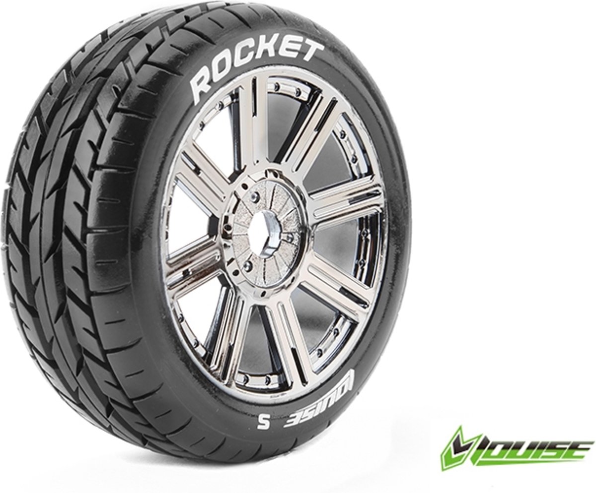 Louise RC - B-ROCKET - 1-8 Buggy Banden Set - Verlijmd op velg - Soft - Spaakvelgen Zwart Chroom - Zeskant 17mm - 1 Paar