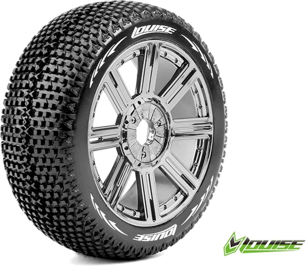 Louise RC - B-TURBO - 1-8 Buggy Banden Set - Verlijmd op velg - Soft - Spaakvelgen Zwart Chroom - Zeskant 17mm - 1 Paar