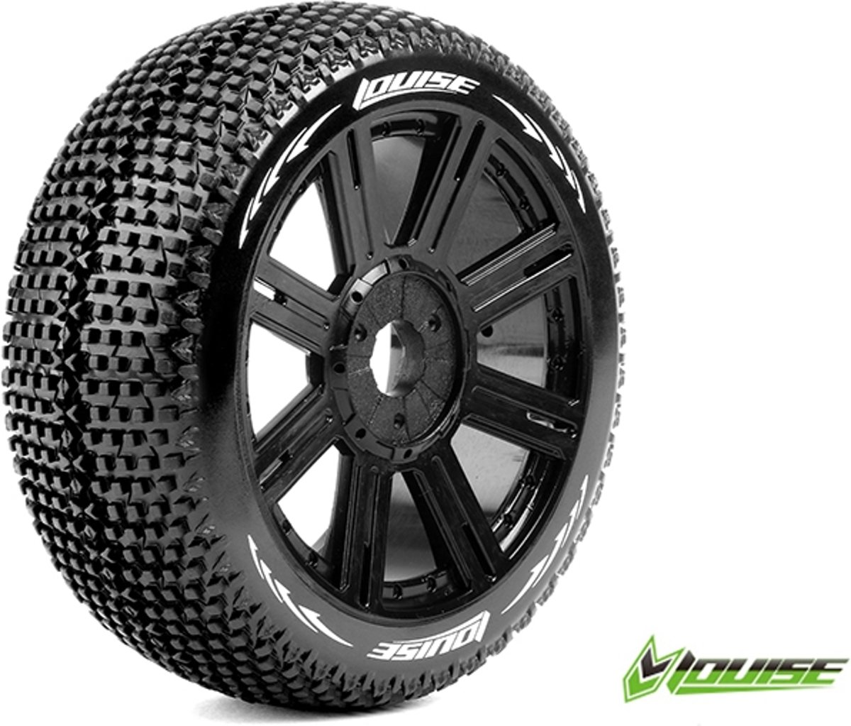 Louise RC - B-TURBO - 1-8 Buggy Banden Set - Verlijmd op velg - Super Soft - Spaakvelgen Zwart - Zeskant 17mm - 1 Paar