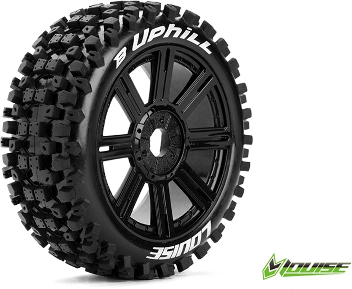 Louise RC - B-UPHILL - 1-8 Buggy Banden Set - Verlijmd op velg - Soft - Spaakvelgen Zwart - Zeskant 17mm - 1 Paar