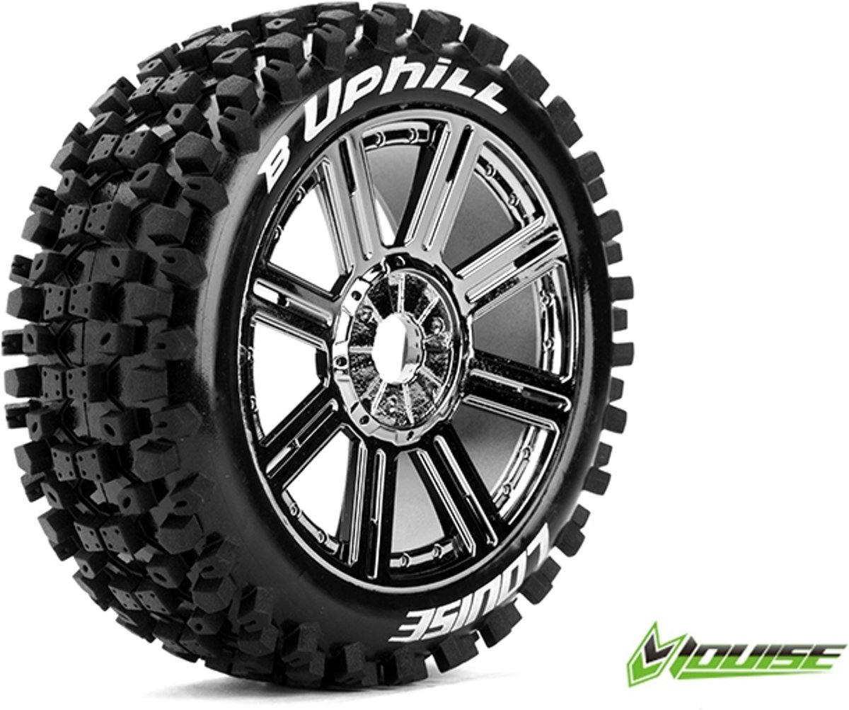 Louise RC - B-UPHILL - 1-8 Buggy Banden Set - Verlijmd op velg - Soft - Spaakvelgen Zwart Chroom - Zeskant 17mm - 1 Paar