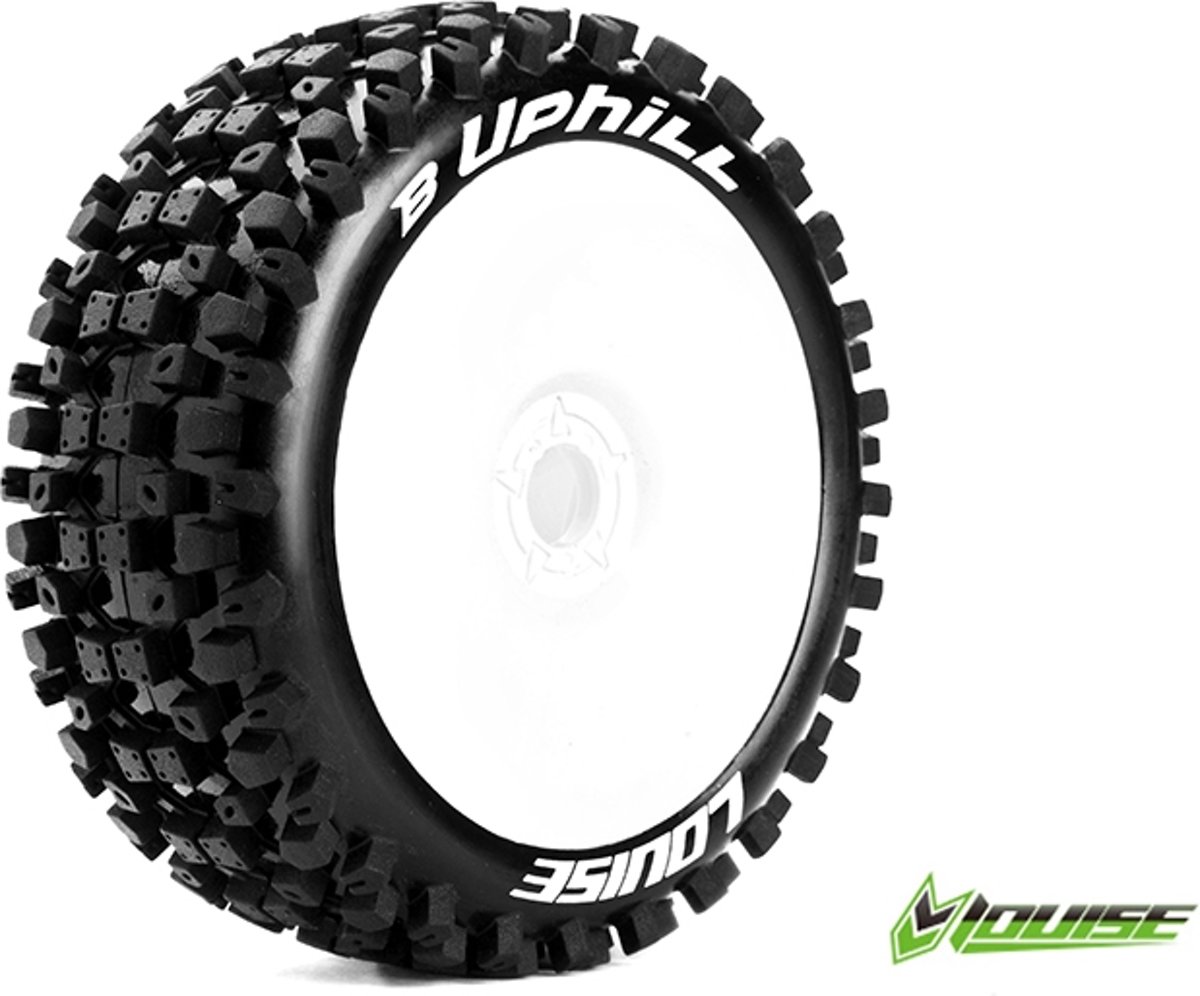 Louise RC - B-UPHILL - 1-8 Buggy Banden Set - Verlijmd op velg - Soft - Velgen Wit - Zeskant 17mm - 1 Paar