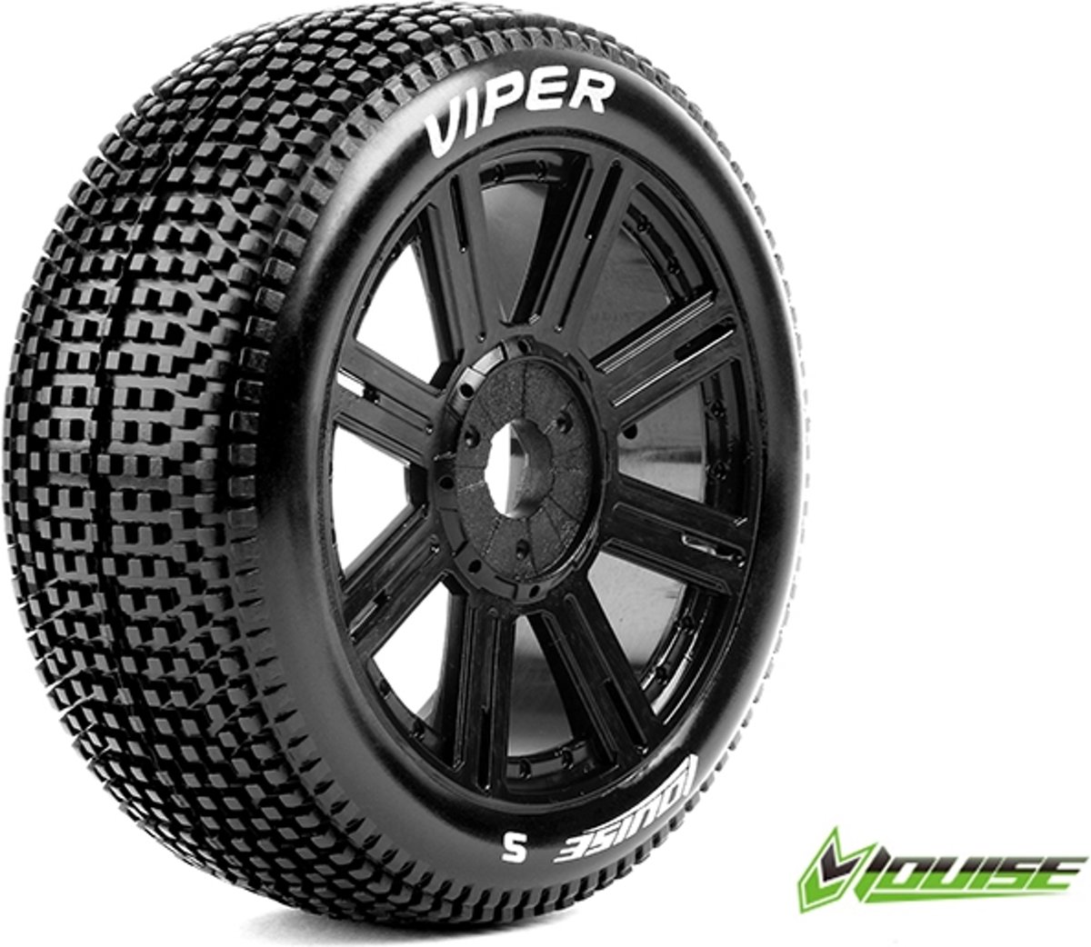 Louise RC - B-VIPER-JA - 1-8 Buggy Banden Set - Verlijmd op velg - Soft - Spaakvelgen Zwart - Zeskant 17mm - 1 Paar