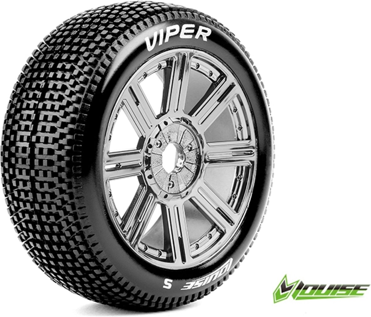 Louise RC - B-VIPER-JA - 1-8 Buggy Banden Set - Verlijmd op velg - Soft - Spaakvelgen Zwart Chroom - Zeskant 17mm - 1 Paar