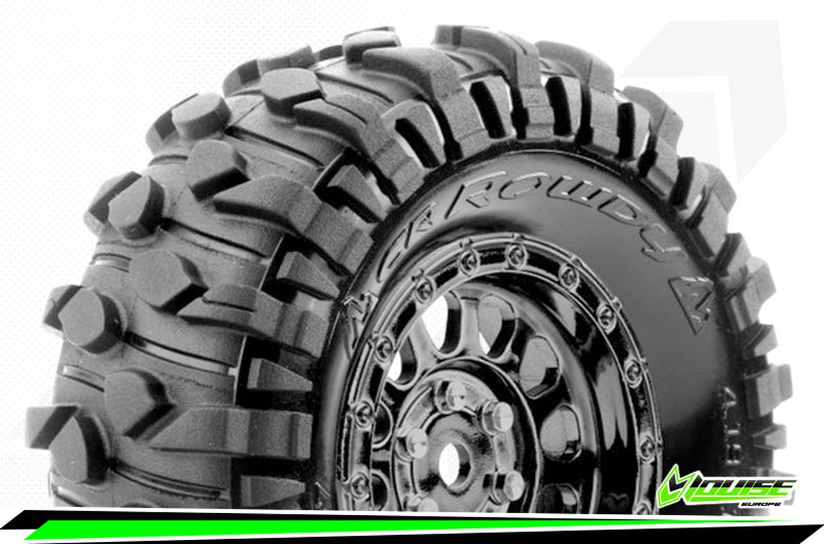 Louise RC - CR-ROWDY - Class 1 - 1-10 Crawler Tire Set - Mounted - Super Soft - Black Chrome 1.9 Wheels - Hex 12mm - L-T3347VBC