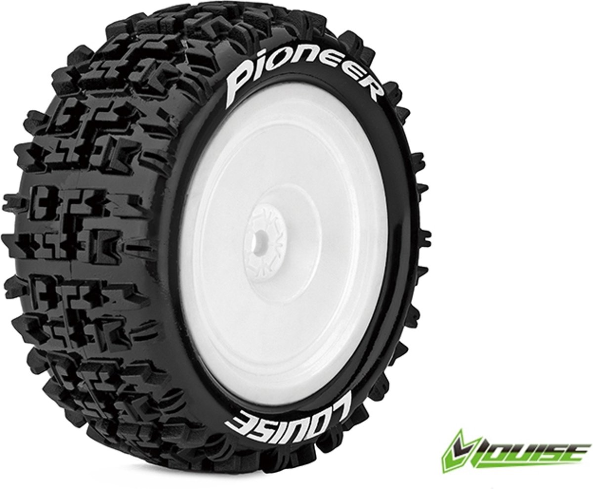 Louise RC - E-PIONEER - 1-10 Buggy Banden Set - Verlijmd op velg - Soft - Velgen Wit - Kyosho HEX 12mm - 4WD - Achter - 1 Paar