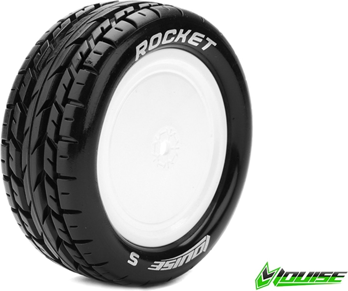 Louise RC - E-ROCKET - 1-10 Buggy Banden Set - Verlijmd op velg - Soft - Velgen Wit - Kyosho - Zeskant 12mm - 4WD - Voor - 1 Paar