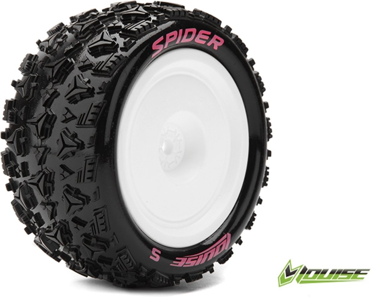 Louise RC - E-SPIDER - 1-10 Buggy Banden Set - Verlijmd op velg - Soft - Velgen Wit - Kyosho - Zeskant 12mm - 4WD - Achter - 1 Paar