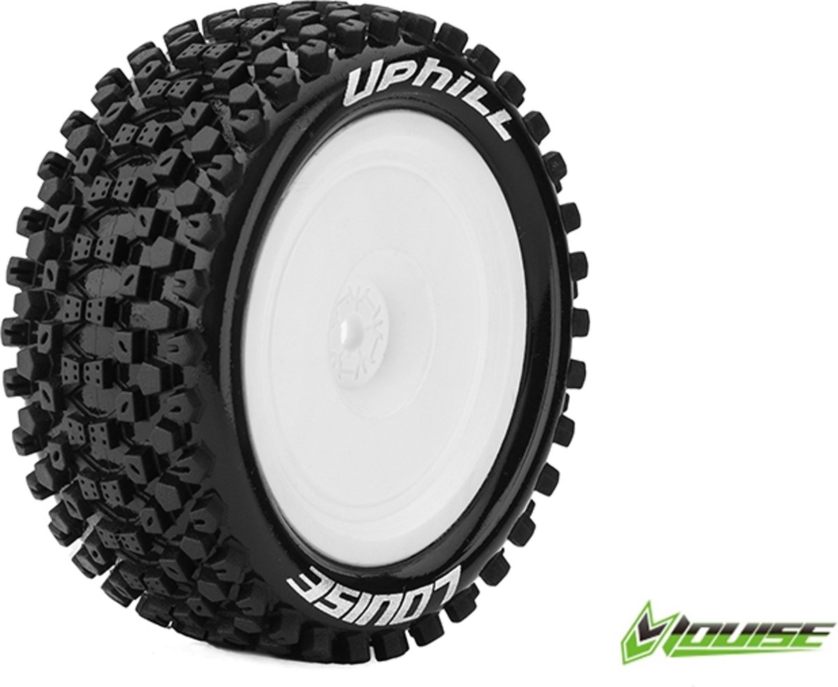 Louise RC - E-UPHILL - 1-10 Buggy Banden Set - Verlijmd op velg - Soft - Velgen Wit - Kyosho HEX 12mm - 4WD - Achter - 1 Paar